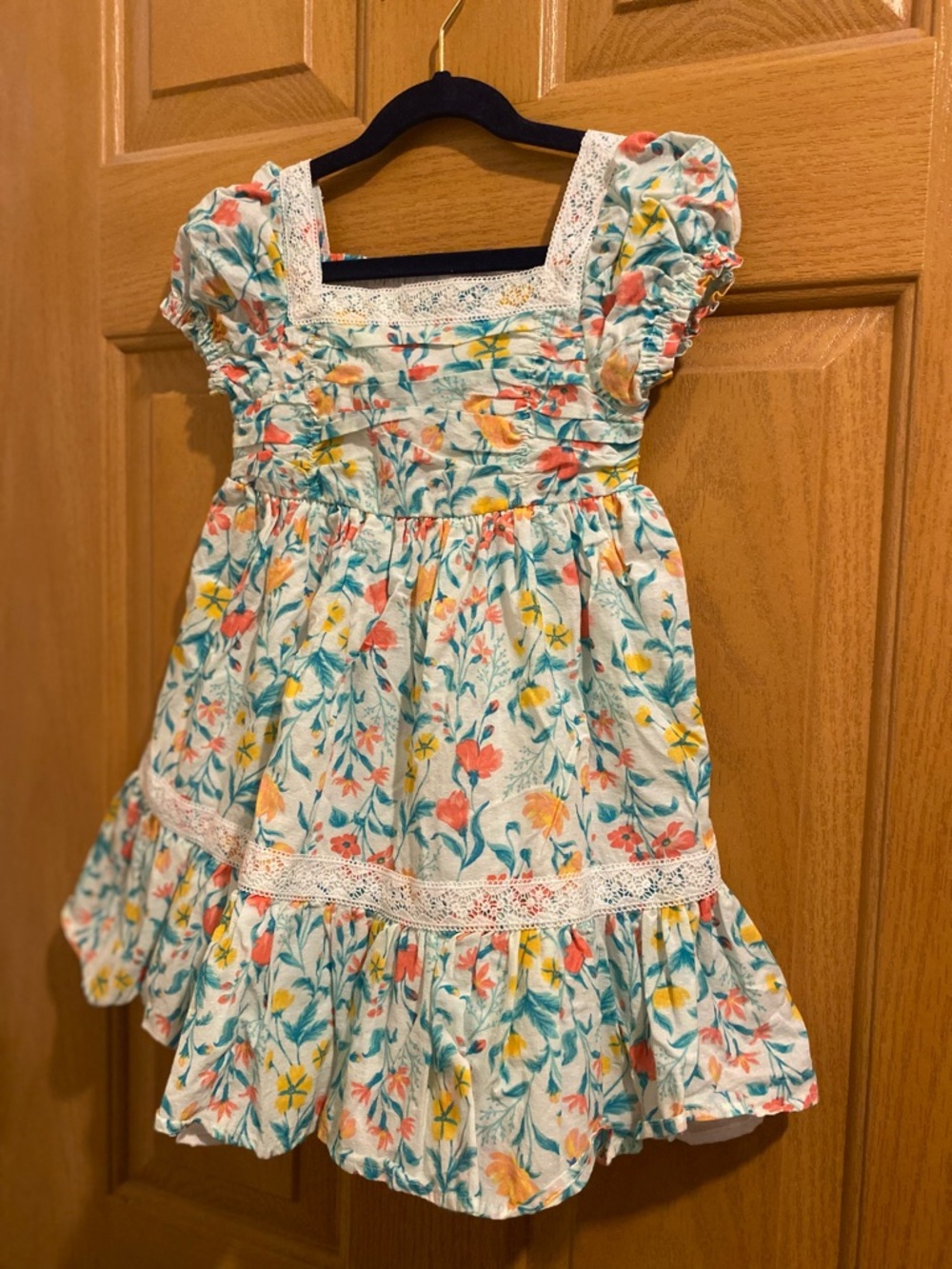 Kids Floral Tiered Dress with Lace Trim - White Multi
